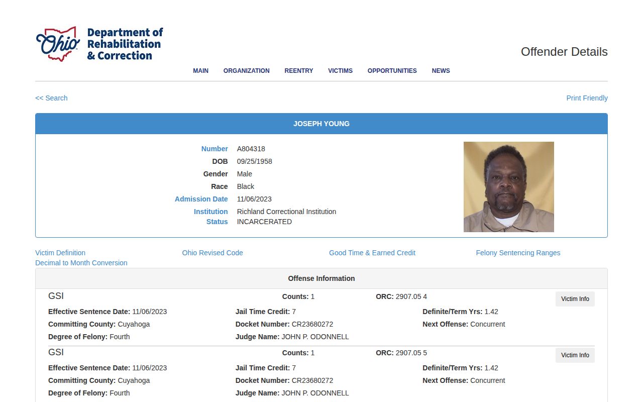 Ohio DRC example showing a Champaign County inmate release date field