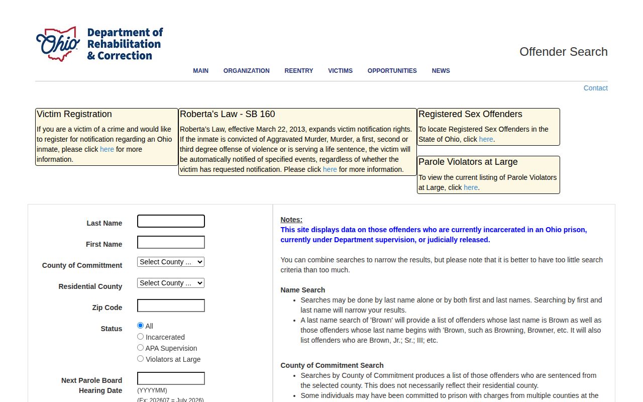 Champaign County released inmate search fields in Ohio DRC