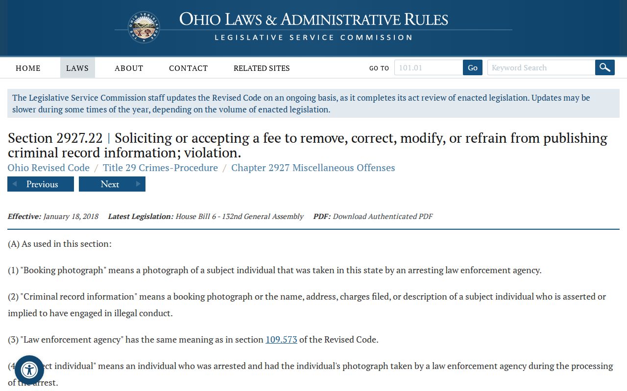 Ohio Revised Code section on booking-photo removal fees