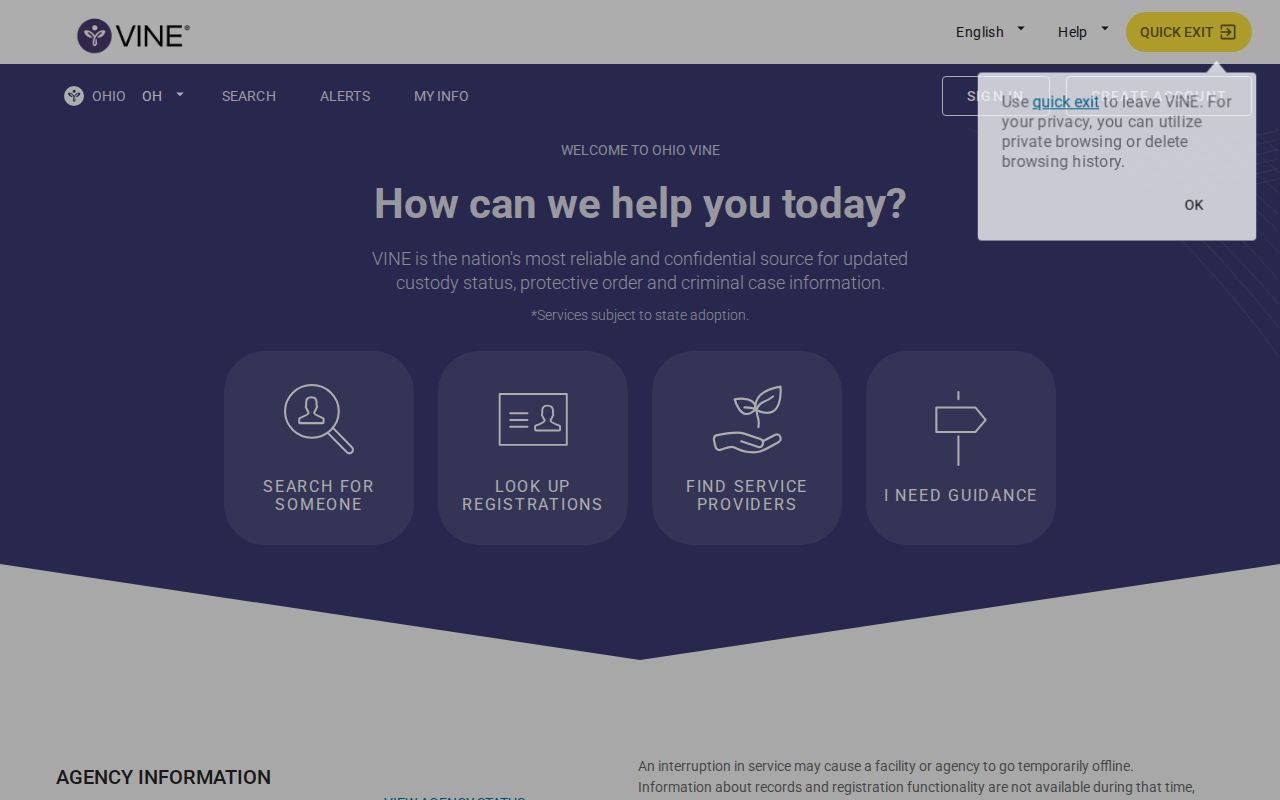Champaign County VINELink release check screen for Ohio custody notifications